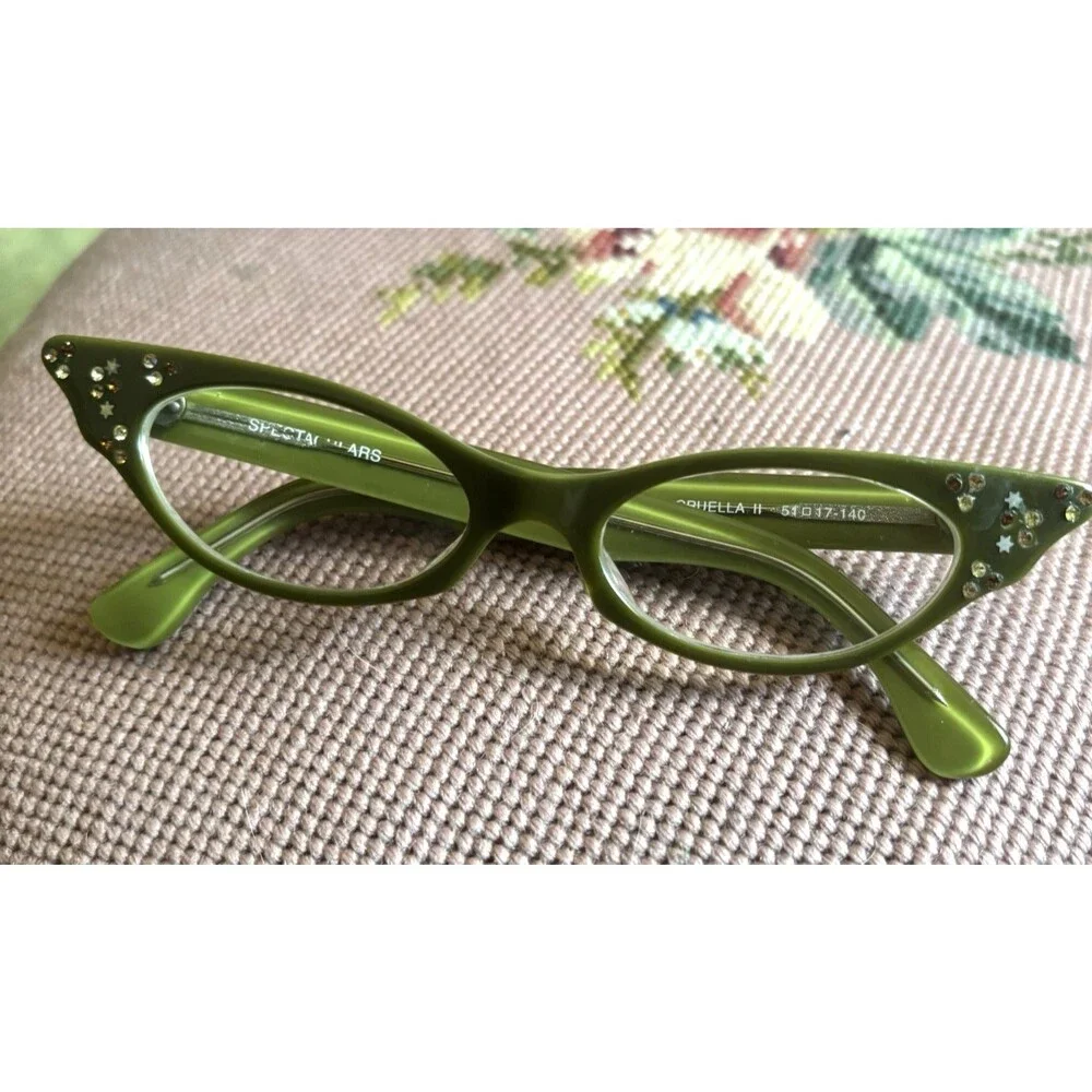 Vtg y2k Spectaculars Green Cruella 2 Fabulous Cat Eye Glasses Sparkle gem Retro